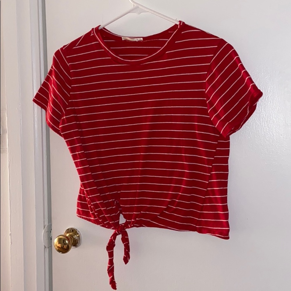cute, tied, red and white striped crop top